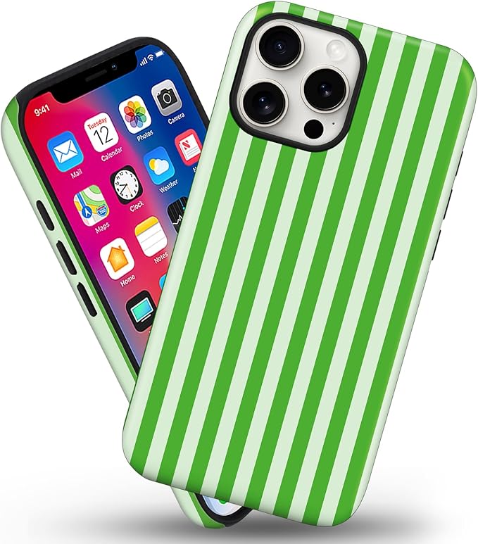 Magnetic for iPhone 17 Case Cute Stripes Phone Case, Shockproof Slim TPU and Hard PC Protective Phone Cover Compatible with MagSafe Designed for Women Girls, Deep Green