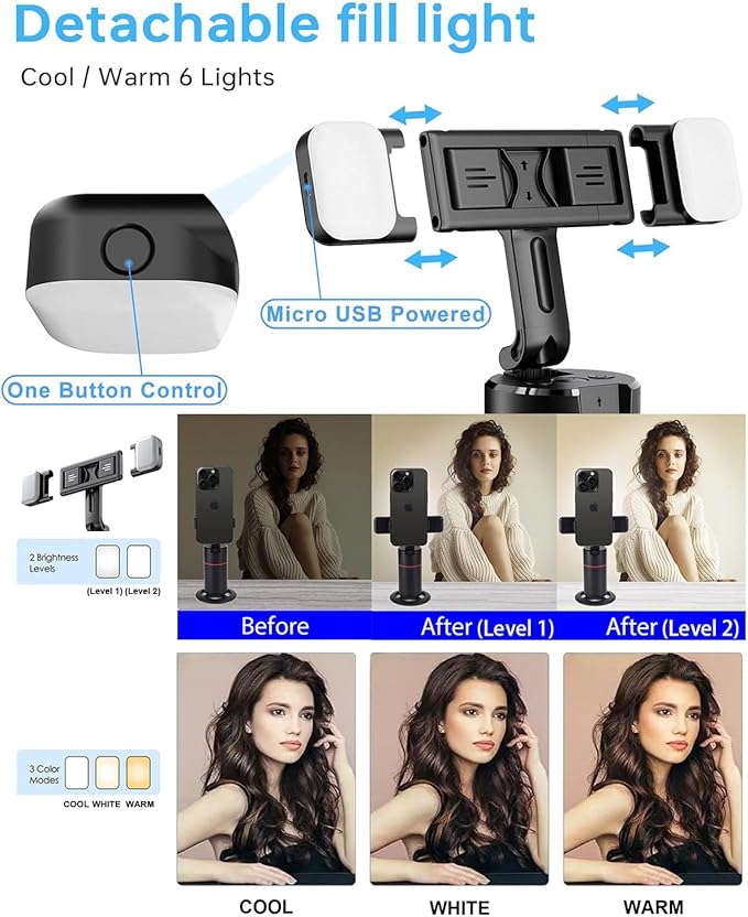 GREEN HOUSE Auto Face Tracking Phone Holder, Selfie Gimbal with Rechargeable & Detachable LED Fill Light & Detachable Controller