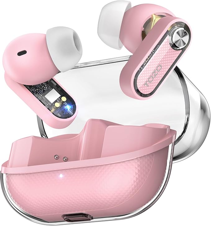 TOZO Crystal Pods Hybrid Active Noise Cancelling Wireless Earbuds, 10mm Drivers Deep Bass, 4 Mics Smart ENC AI Calls, Real-Time AI Translation, 32 EQ via App, Bluetooth 5.4, Crystal Design