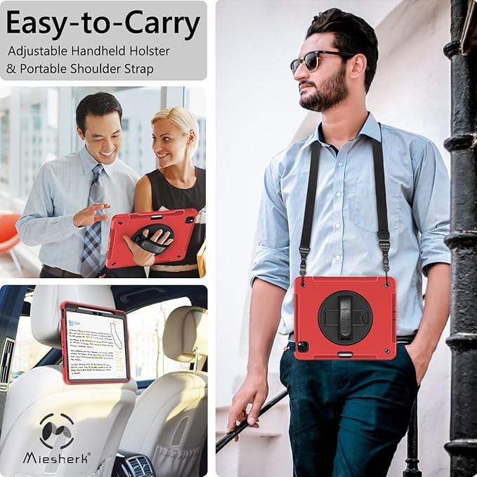 Miesherk Case for iPad Pro 12.9 Inch 6th/5th/4th Generation, Military Grade Heavy Duty Shockproof iPad Pro 12.9 Case - Rotating Stand, Pencil Holder, Hand/Shoulder Strap,Black+Red