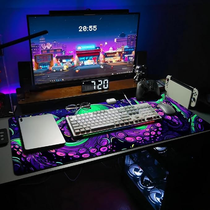 Extended Gaming Mouse Pad, Large Mouse Mat 3 mm Nature Rubber Base Mousepad with Stitched Edges, Non-Slip Desk Mat for Office Home Great Gift 31.5x11.8 Inch (Dark Octopus)