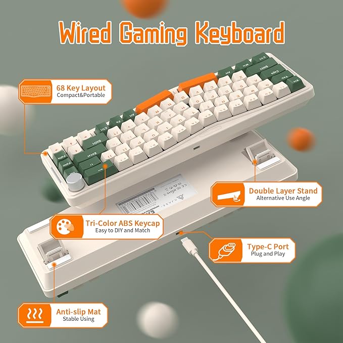 ATTACK SHARK AKS068 Wired Mechanical Gaming Keyboard 65% Alice Layout Hot-swapped Gasket Mount with RGB Backlit VIA Programmable Knob NKRO TKL AS Pre-lubed Clicky Blue Switch for Win/Mac(Green)