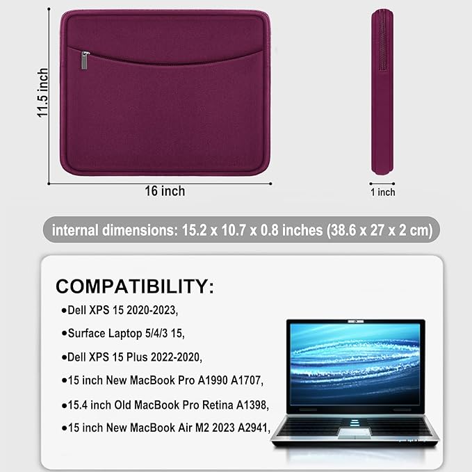 Laptop Case 15.6 inch, Shockproof Protective Laptop Cover Carrying Computer Bag with Accessory Pocket Portable Computer Sleeve Compatible with HP, Dell, Lenovo, Asus, Rose Red
