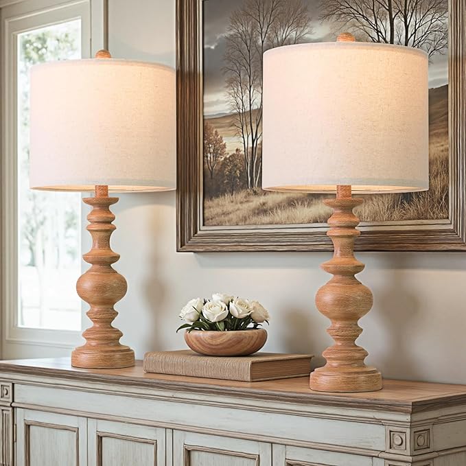 BOBOMOMO 24" Farmhouse Table Lamps Set of 2 – Rustic Light Brown Resin Bedside Lamps with Linen Shades, Medium Size Nightstand Lamps for Bedroom, Living Room, and Entryway, Ideal for Warm, Cozy Spaces