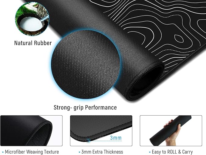 JIALONG Black Topographic Large Gaming Mouse Pad, XXL Mousepad, Big Mouse Mat Desk Pad for Keyboard and Mouse, Gaming Computer Laptop PC Desk Office Accessories