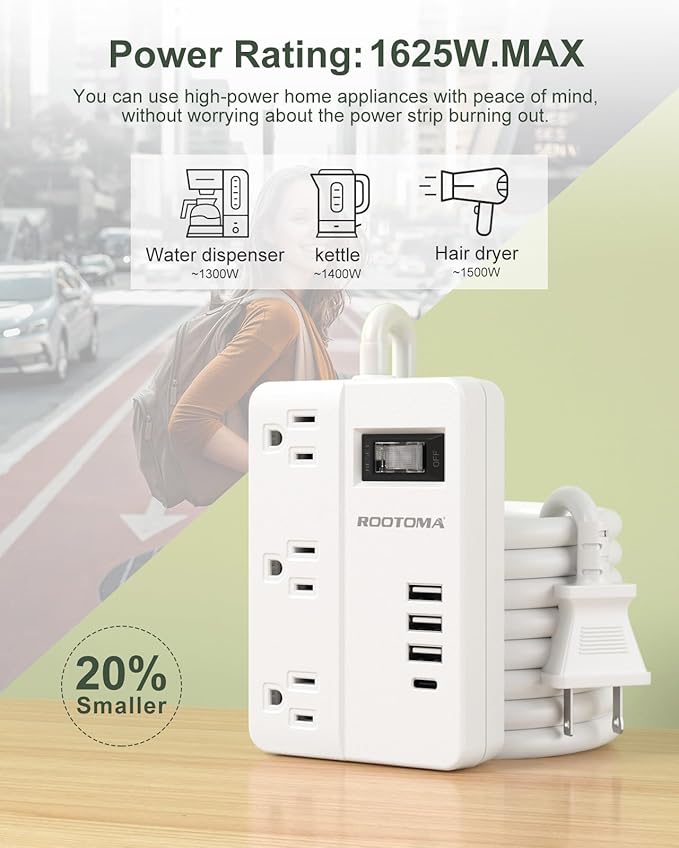 2 Prong Power Strip with USB-C, ROOTOMA 2 Prong to 3 Prong Outlet Adapter, 1080J 2 Prong Surge Protected with 3 Outlet & 4 USB, 3 Prong Adapter 4ft, for Polarized Two Prong Outlet, Old House, White