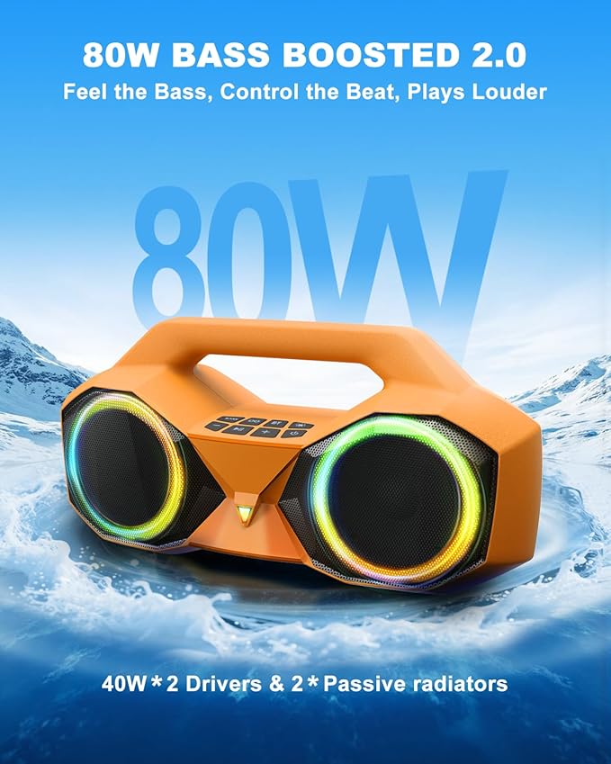 OZJ Bluetooth Speaker 80W(Peak) Loud with Bass, 20H Playtime, IPX7 Waterproof, RGB Lights, TWS, Large Portable Wireless Speakers for Outdoor, Home, Party, Pool, Beach, Tailgating, Gym, Work (Orange)