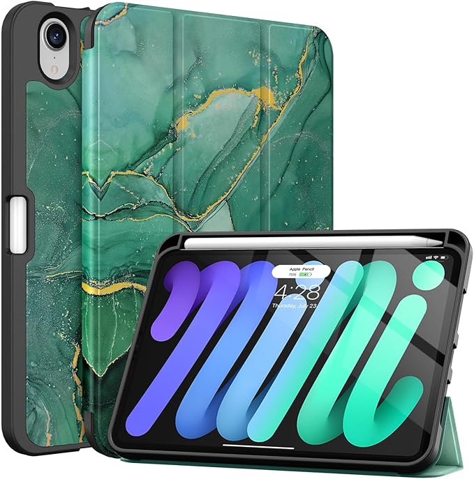 Soke Case for iPad mini 7(A17 Pro) 2024/iPad Mini 6 2021 8.3 inch with Pencil Holder-[Pencil Charging + Auto Wake/Sleep], Soft TPU Back Cover for iPad mini 7th/6th Generation(Green Marble)