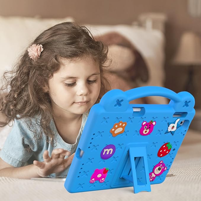 Dteck Kids Case for iPad 9.7 Inch 6th/5th Gen 2018/2017 & iPad Air 2/1 & iPad Pro 9.7,Strawberry Panda Shockproof Rugged Lightweight Pencil Holder Convertible Handles Stand Kid Friendly Case,Sky Blue