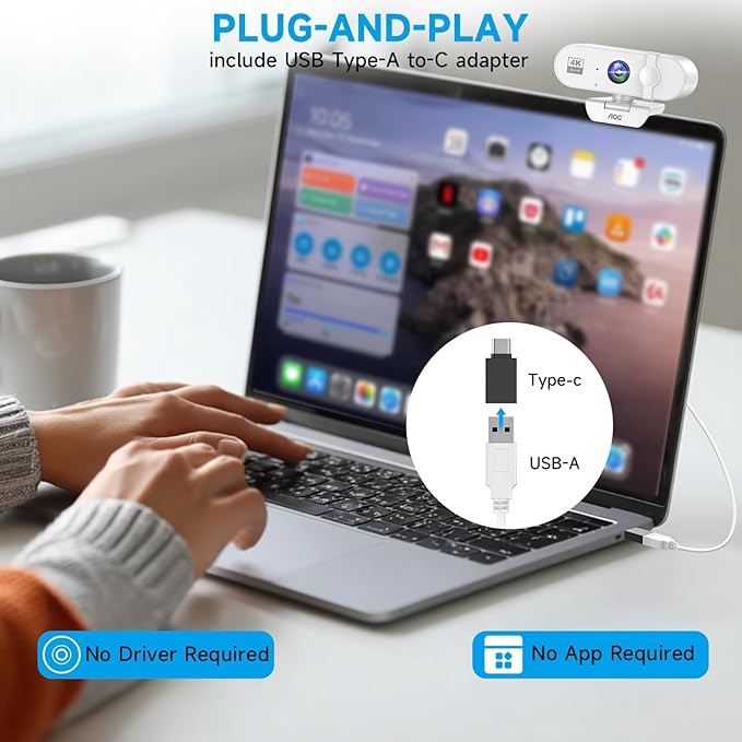 AOC White 4k Webcam for PC with Microphone, Computer Camera with Noise Cancellation, Privacy Cover, 99° FOV, Plug & Play USB Webcam for Streaming, Conferencing, Zoom, Skype, Facetime