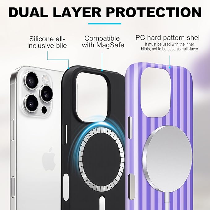 Magnetic for iPhone 15 Case Cute Stripes Phone Case, Shockproof Slim TPU and Hard PC Protective Phone Cover Compatible with MagSafe Designed for Women Girls, Light Purple