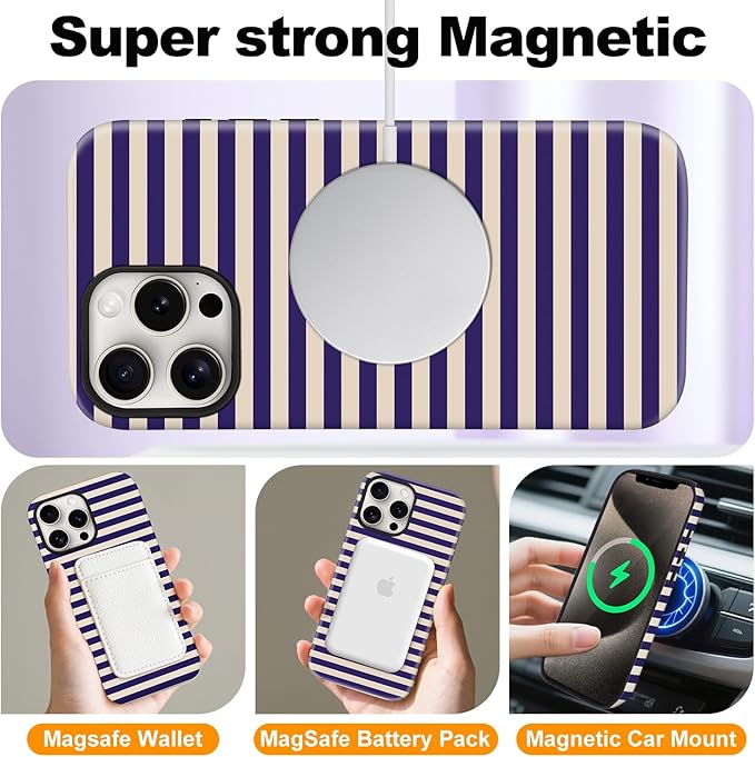 Magnetic for iPhone 15 Pro Max Case Cute Stripes Phone Case, Shockproof Slim TPU and Hard PC Protective Phone Cover Compatible with MagSafe Designed for Women Girls, Blue&Apricot