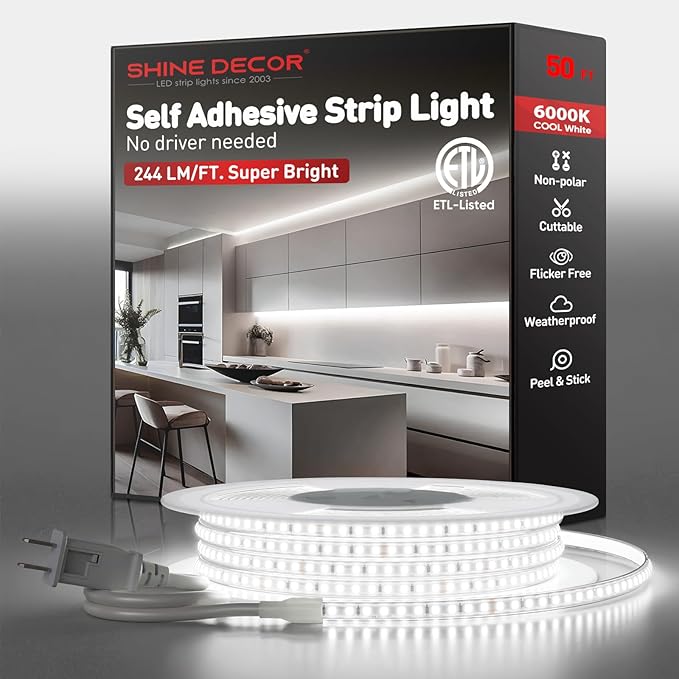 Shine Decor LED Strip Light Super Bright 12000LM, Plug&Play 120V Driverless Easy Wiring, Flicker Free Weatherproof for Outdoor Indoor, Min. 3.9” Cuttable Stickable, 6000K Cool White 50FT ETL Listed
