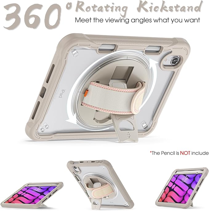 BRAECNstock Case for iPad mini 7 (A17 pro) 2024 & Mini 6 2021 8.3-inch,Shockproof Protective Cover with Pencil Holder,Screen Protector,360° Rotating Hand Strap/Stand-Khaki