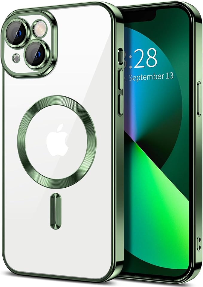 Hython Magnetic Clear for iPhone 13 Case with Camera Lens Protector [Compatible with MagSafe] Luxury Plating Edge Slim Soft TPU Cover Protective Phone Case for iPhone 13 6.1", Deep Green