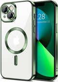 Hython Magnetic Clear for iPhone 13 Case with Camera Lens Protector [Compatible with MagSafe] Luxury Plating Edge Slim Soft TPU Cover Protective Phone Case for iPhone 13 6.1", Deep Green