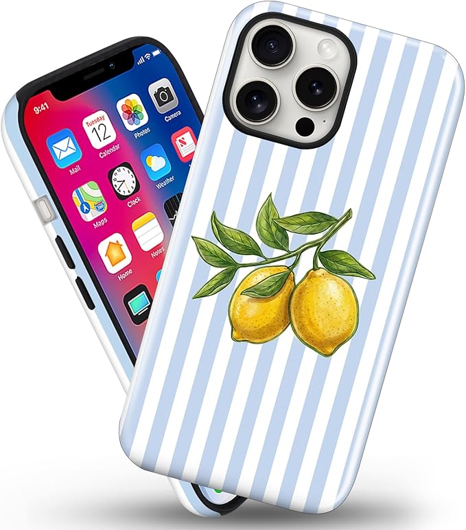Magnetic for iPhone 13/14 Case Cute Lemon Stripes Phone Case, Shockproof Slim TPU and Hard PC Protective Phone Cover Compatible with MagSafe Designed for Women Girls, Blue