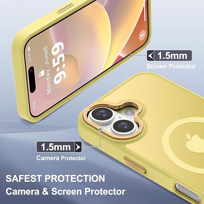 Newfuture Designed for iPhone 16 Case with Magnetic [13 FT Military Drop Protection] [Compatible with Magsafe] Slim Translucent Matte Shockproof with Anti-Fingerprint Phone Case, Yellow