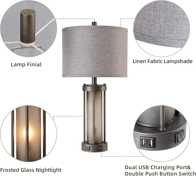 RORIA Set of 2 Rustic Table Lamps for Living Room with 2 USB Ports, Vintage Bedside Lamps with Gray Frosted Glass Night Light for Bedroom Desk Lamps for Entryway, 4 Bulbs Included