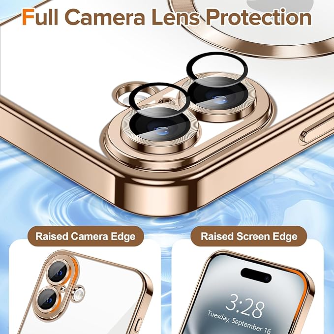 Hython Magnetic Clear for iPhone 16 Case with Camera Lens Protector [Compatible with MagSafe] Luxury Plating Edge Slim Soft TPU Cover Protective Phone Case for iPhone 16 6.1", Desert Brown