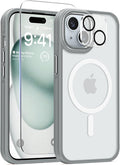 DOMAVER Magnetic 3 in 1 for iPhone 15 Case, [Omni-Directional Protection] with 1x Screen Protector + 1x Camera Cover, [Seamless Work with Magsafe] Protective Silm Case for iPhone 15 Light Gray