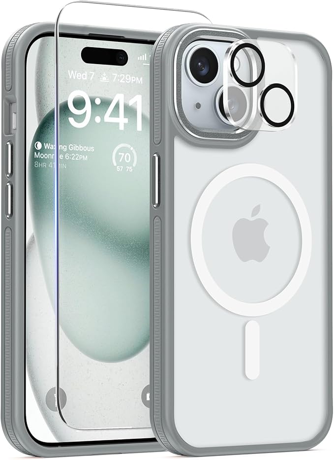 DOMAVER Magnetic 3 in 1 for iPhone 15 Case, [Omni-Directional Protection] with 1x Screen Protector + 1x Camera Cover, [Seamless Work with Magsafe] Protective Silm Case for iPhone 15 Light Gray