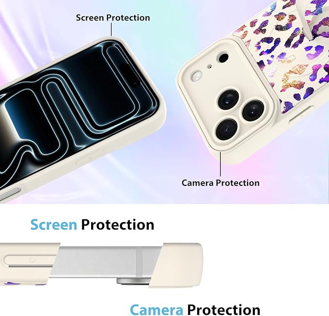 KANGHAR Compatible with iPhone 17 Pro Case, Support for MagSafe, Silicone Cute Iridescent Leopard Cheetah Pattern, Wristband Kickstand Shockproof Protective Slim Cover for Women Girls, White