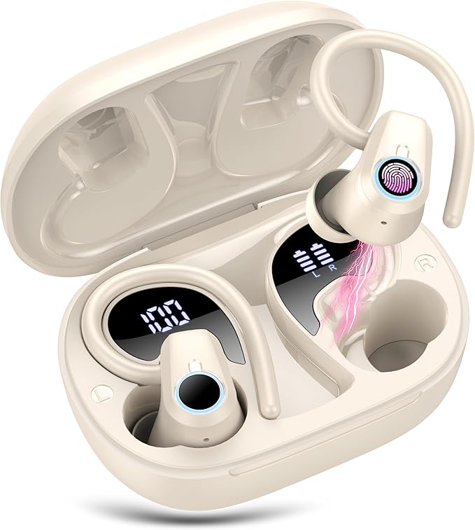 Wireless Earbuds, 2023 Bluetooth Headphones 5.3 Sport, 50H Ear buds with Earhooks, Dual LED Display, Bluetooth Earbuds, Bass Stereo Noise Cancelling Headphones, IP7 Waterproof Earphones, Off White