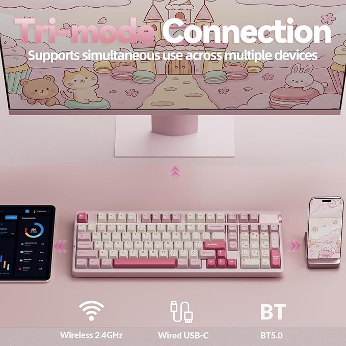 LEOBOG A98 Wireless Mechanical Keyboard, Tri-Mode BT5.0/2.4GHz/USB-C, Creamy Keyboard with Number Pad, Gasket Structure Hot Swappable, PBT Keycaps, RGB Backlit Pink Gaming Keyboard with Knob for PC