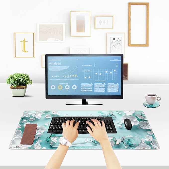 ToLuLu Large Mouse Pad Desk Pad Set, Wrist Rest Support Desk Mat for Keyboard and Mouse, 4PCS 35.4”x15.7 XXL Giant Mouse Pad, Non-Slip Base Stitched Edges Mousepad for Home Office, Teal Butterfly