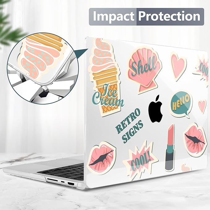 Batianda Case for New MacBook Pro 14 Inch M5 (2025 2026) & 2024 2023 Release [Model A3434 / A3112] - Ultra Slim 1.2mm Glossy Hard Shell Protective Skin Keyboard Cover 4-in-1 Bundle, Retro Stickers