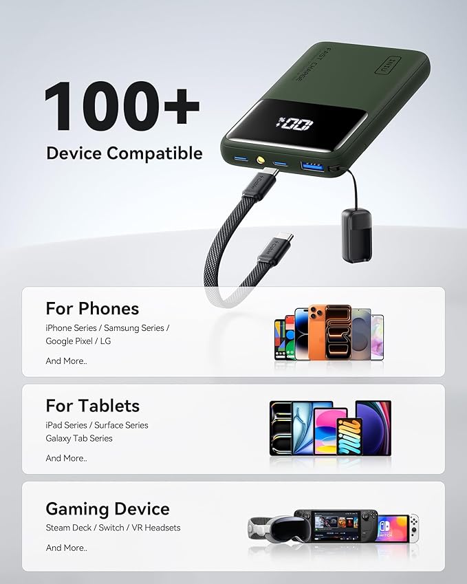 INIU Portable Charger, Compact 45W Fast Charging Power Bank, 10000mAh USB C Battery Pack with Cable & Stand, TSA Travel Phone Charger for iPhone 17 16 15 14 Pro Max, Samsung S26, iPad etc, Green