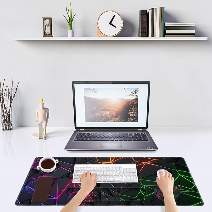 DINKY Gaming Mouse Pad Wrist Support Set, Large Desk Mat Protector, XXL Mousepad +Keyboard Wrist Rest+Ergonomic Mouse Wrist Pad +Coaster Desk Pad, Glowing Diamond Grid