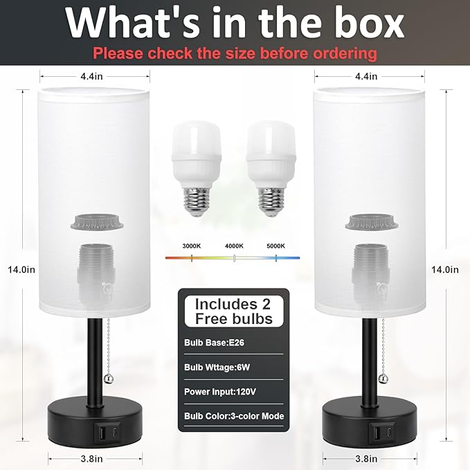 Fenmzee USB Bedside Table Lamps Set of 2-3 Color Temperatures Pull Chain Lamp with USB C and A Charging Ports, Round Night Stand Lamps for Bedroom