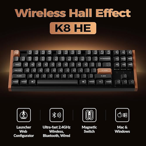 Keychron K8 HE TKL Hall Effect Wireless Mechanical Keyboard, Magnetic Hot-Swappable Switches, Rapid Trigger, QMK/VIA, RGB, 2.4GHz/Bluetooth 5.2/Wired, Aluminum & Wood Frame, Mac Windows Linux – Black
