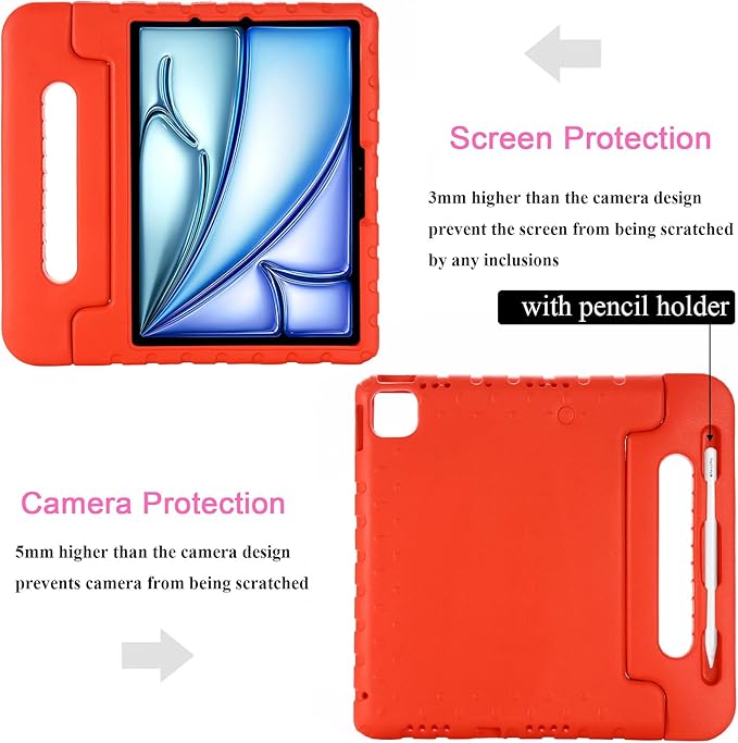 Kids Case for iPad Pro 11 inch M5/M4 (2025/2024) with Pencil Holder/Convertible Handle Stand Shockproof Slim Lightweight Cute Soft EVA Heavy Duty Rugged Kickstand Cover for Children, Red