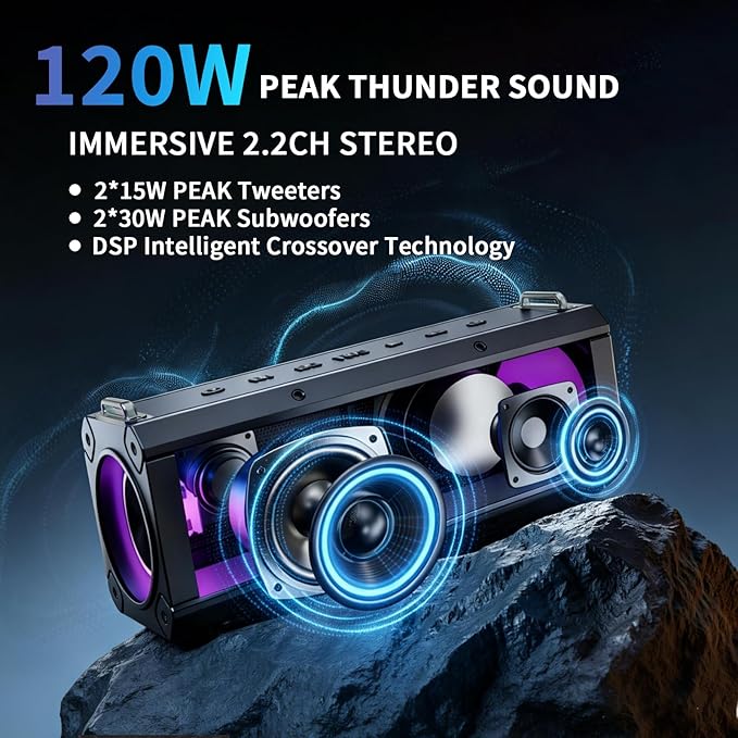 Hupoaf Speaker Bluetooth Wireless, 120W(Peak) Loud Outdoor Speaker with Deep Bass, IPX7 Waterproof, 20000mAh Power Bank/TWS/Portable Strap/EQ/Lightshow, Portable Speaker for Party/Camping/Beach/Garage