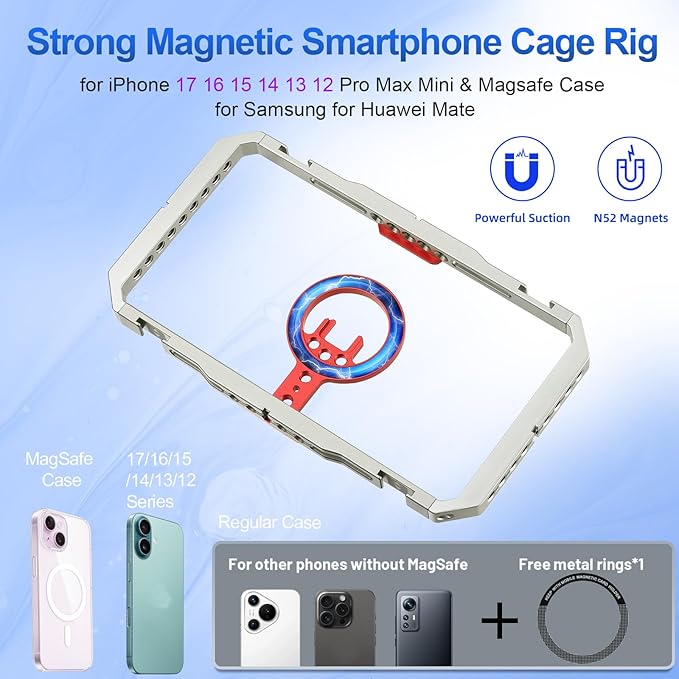 Leftfoto Metal Strong Magnetic Phone Stabilizer Cage Smartphone Rig Stand with Dual Handles for iPhone 17 16 15 14 13 12 Pro Max Mini & Magsafe Case for Samsung,for Vlogging/Video Shooting