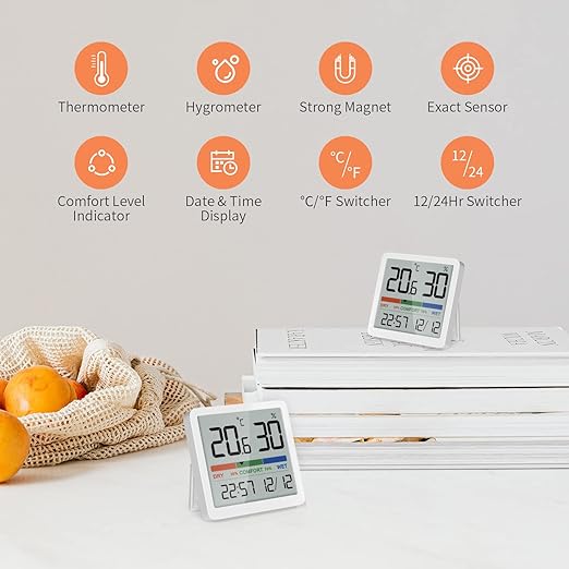 NOKLEAD Indoor Hygrometer Thermometer - Digital Temperature & Humidity Monitor with Calibration, Clear LCD Display & Clock, Accurate Room Gauge for Home, Baby Room, Office (2-Pack)
