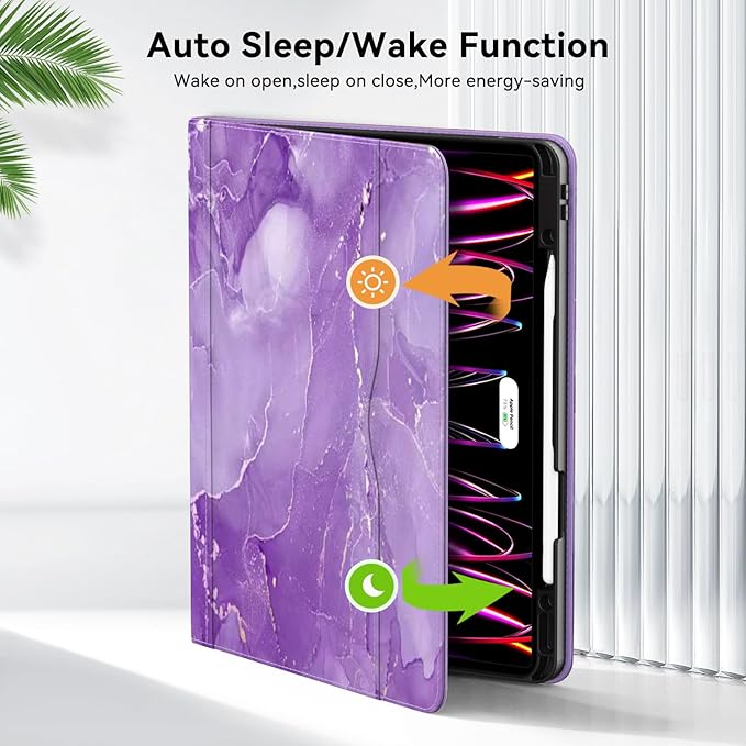 Zonefoker Case for New iPad Pro 12.9 inch 6th/5th/4th/3rd Generation 2022/2021/2020/2018, 12.9'' ipad Pro Leather Folio Protective Cover 6/5/4/3 Gen with Pencil Holder, Auto Wake/Sleep, Marble Purple