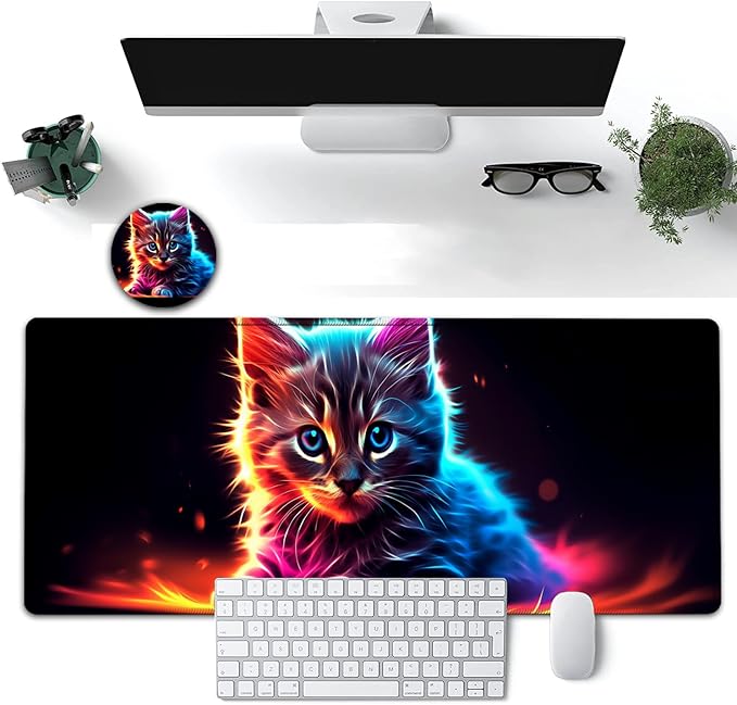 Large Mouse Pad, 31.5 x 11.8in Extended Gaming Mouse Pad with Stitched Edges, XXL Mousepad Protector Non Slip Rubber Base for Office and Home Writing Mat, Cat Cute Animal Pattern Black Desk Mat
