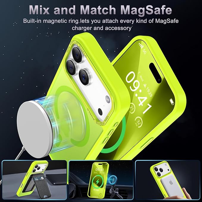 Newfuture Magnetic for iPhone 17 Pro Case [Compatible with Magsafe] [Military Grade Drop Protection] Translucent Matte Anti-Scratch Shockproof Protective Phone Cover 6.3 Inch, Fluorescent Green