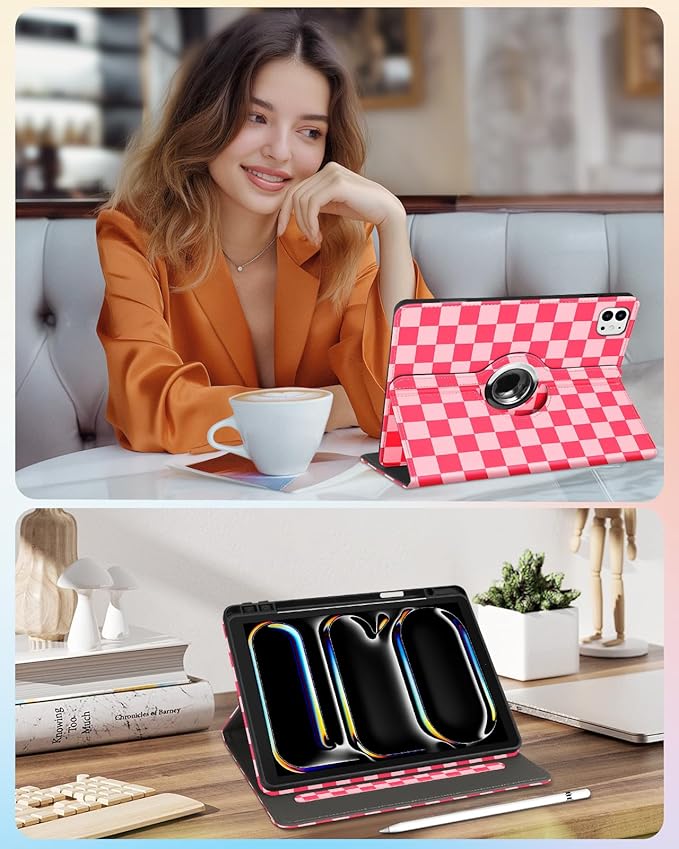 Kidcube for iPad Pro 13 Inch Case M4 2024 - Women Girls Cute Rotating Stand Folio Cover with Pencil Holder & Card Slot Girly Pretty Unique Design for iPad Pro 13 Inch Case 2024 (A2925 A2926 A3007)