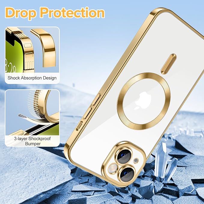 Hython Magnetic Clear for iPhone 14 Case with Camera Lens Protector [Compatible with MagSafe] Luxury Plating Edge Slim Soft TPU Cover Protective Phone Case for iPhone 14 6.1", Gold