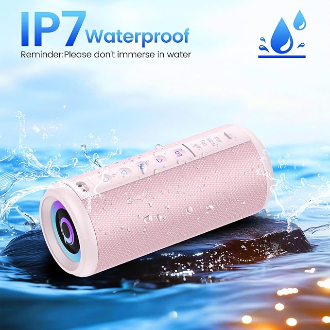 Portable Bluetooth Speaker, 2026 Bluetooth 5.4 Wireless Speaker with 20W HD Loud Stereo Sound, TWS Pairing, 20H playtime, RGB Lights, IP7, Built-in Mic, for Outdoor, Home, Beach, Party, Gift, Pink
