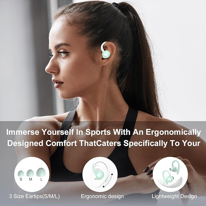 PEFUPEW Wireless Earbuds, Bluetooth 5.4 Headphones Sport, Over Ear Buds with ENC Noise Cancelling Mic, 48H, Wireless Earphone with Earhooks, IP7 Waterproof Buds for Workout Running, Light Blue