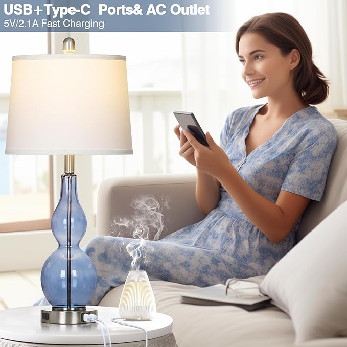 Rinweey 27.5" Coastal Blue Glass Double Gourd Table Lamp Set of 2,3-Way Dimmable Touch Control Bedside Lamps with USB Ports and AC Outlet, Nautical Nightstand Lamps for Bedroom Living Room