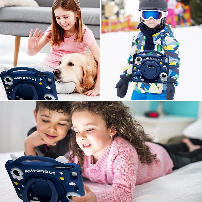 Kids Case for Apple iPad Pro 11 4th 3rd 2nd 1st Gen 2022/2021/2020/2018, iPad Air 5th 4th Gen Case, Cute Design EVA Kickstand Shockproof Kids Friendly Bumper Cover with Shoulder Strap, Blue Spaceman