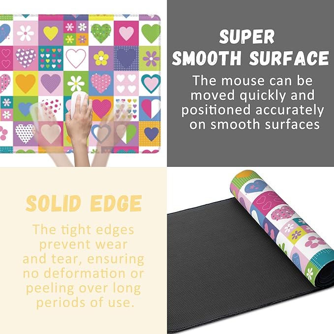 Extended Gaming Mouse Pad Checkered Heart Flower Large Mousepad with Stitched Edges,Anti-Slip Rubber Base Keyboard Mouse Mat Desk Pad for Gaming Home Office 35.4 x 15.7 inches