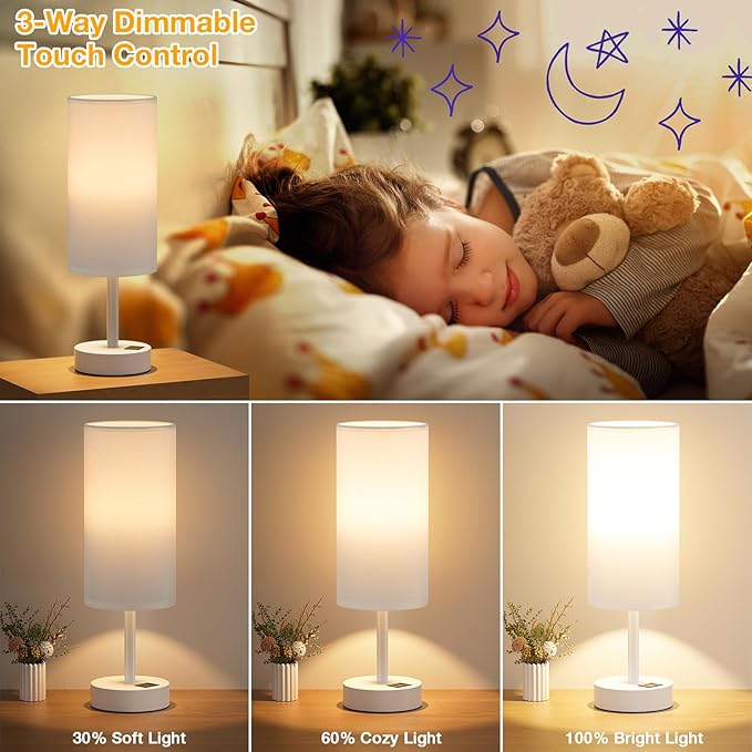 Dicoool White Touch Bedside Lamp for Bedroom - 3 Way Dimmable Table Lamp with USB, Nightstand Lamp with White Charging Station for Desk Dorm, Girl Kids Room, Small
